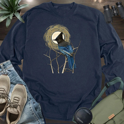 Steller's Jay Under Forest Moonlight Long Sleeve T-shirt