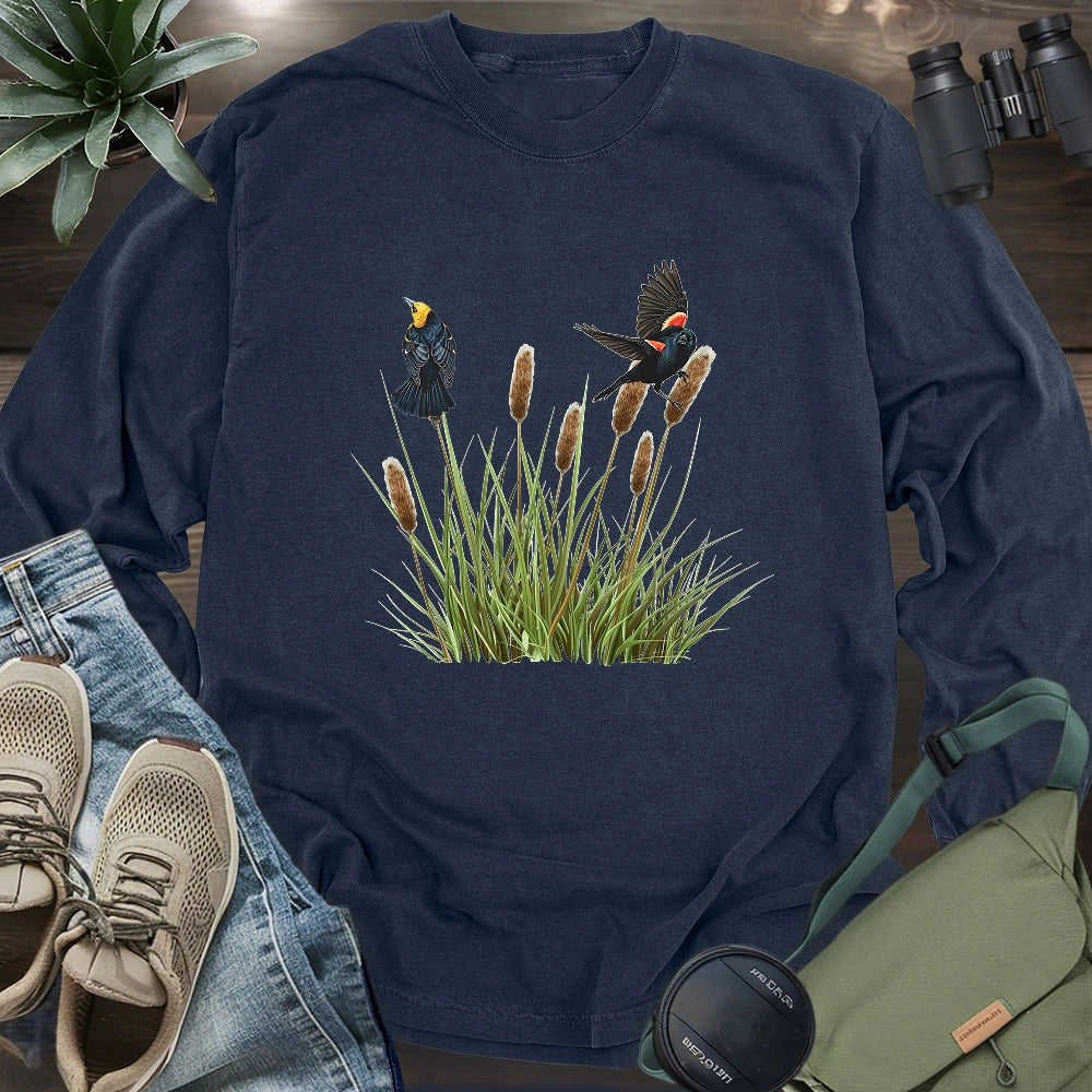Blackbirds On Cattail Field Long Sleeve T-shirt
