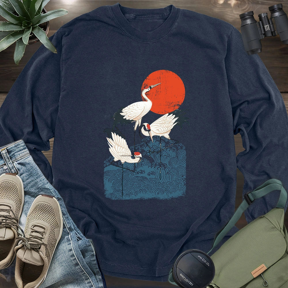 Crimson Sun Cranes Long Sleeve T-shirt