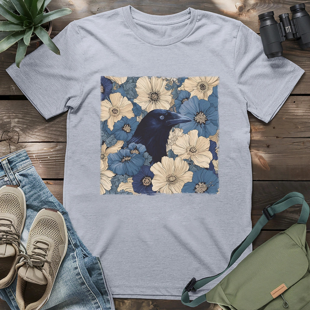 Soft athletic heather tee with floral raven art print