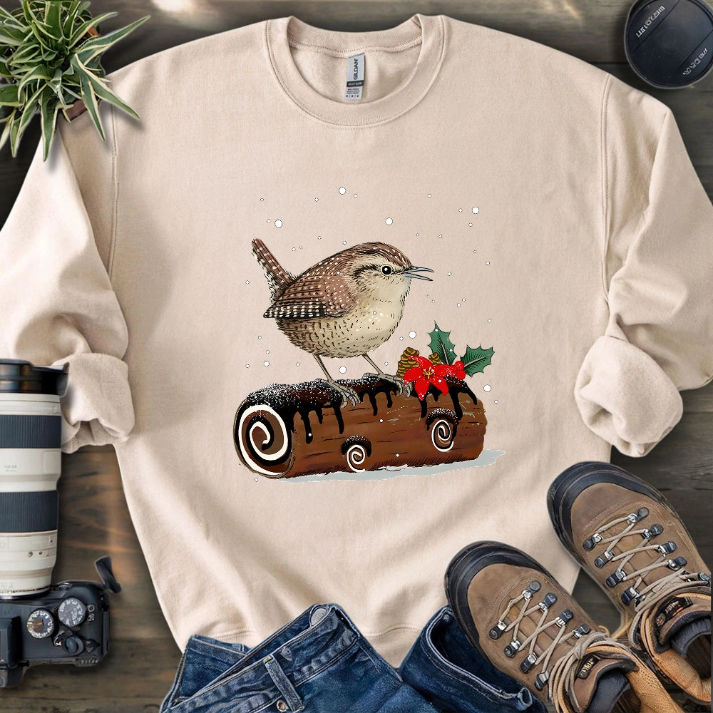 Winter Wren On Yule Log Sweatshirt