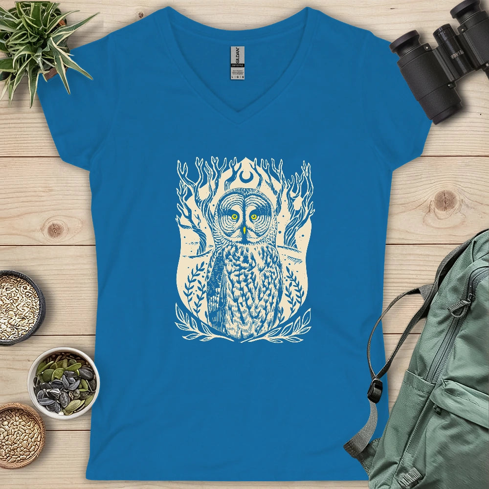 Great Grey Owl Linocut Lady V-neck