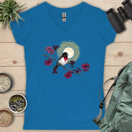 Grosbeak Under Forest's Moonlight Lady V-neck