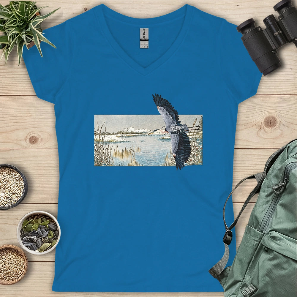 Heron Flying Over Marsh Lady V-neck