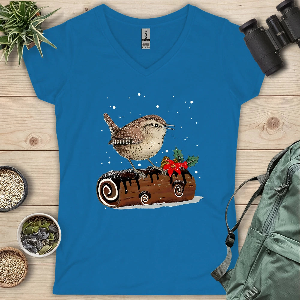 Winter Wren On Yule Log Lady V-neck