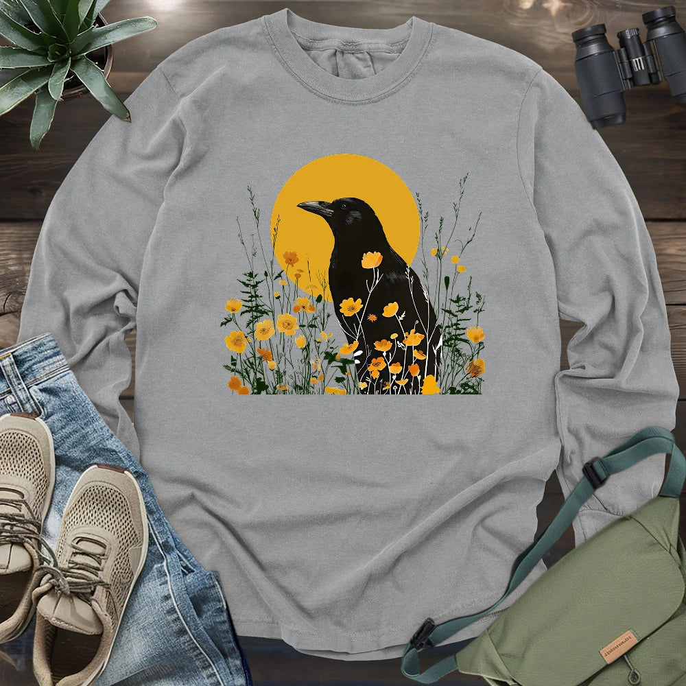 American Crow With Poppies Long Sleeve T-shirt