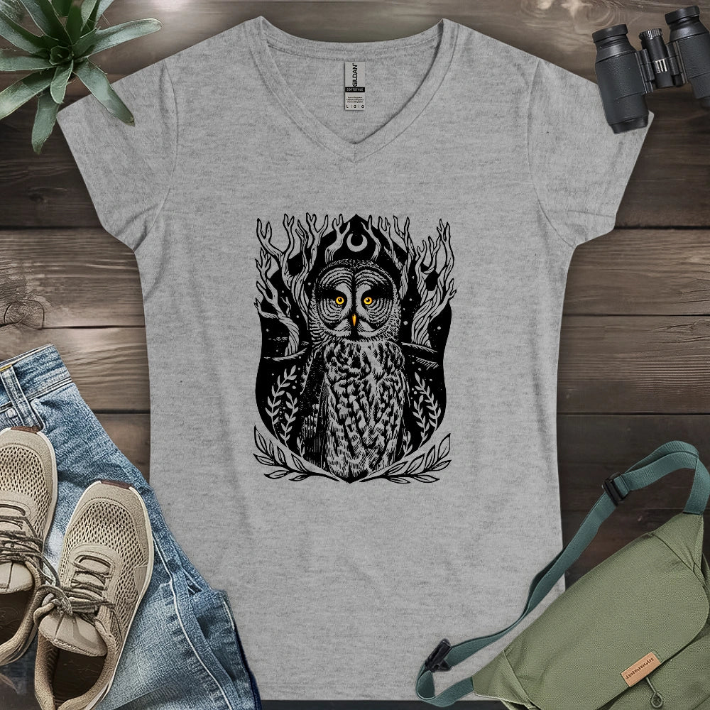 Great Grey Owl Linocut Lady V-neck