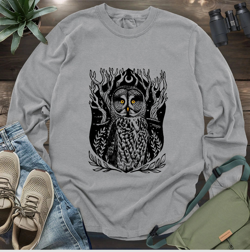 Great Grey Owl Linocut Long Sleeve T-shirt