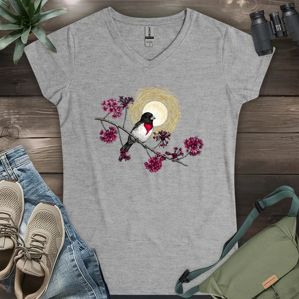 Grosbeak Under Forest's Moonlight Lady V-neck