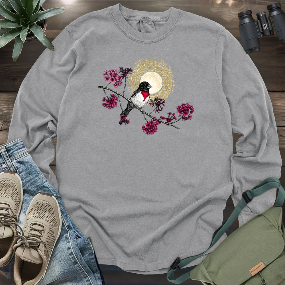Grosbeak Under Forest's Moonlight Long Sleeve T-shirt