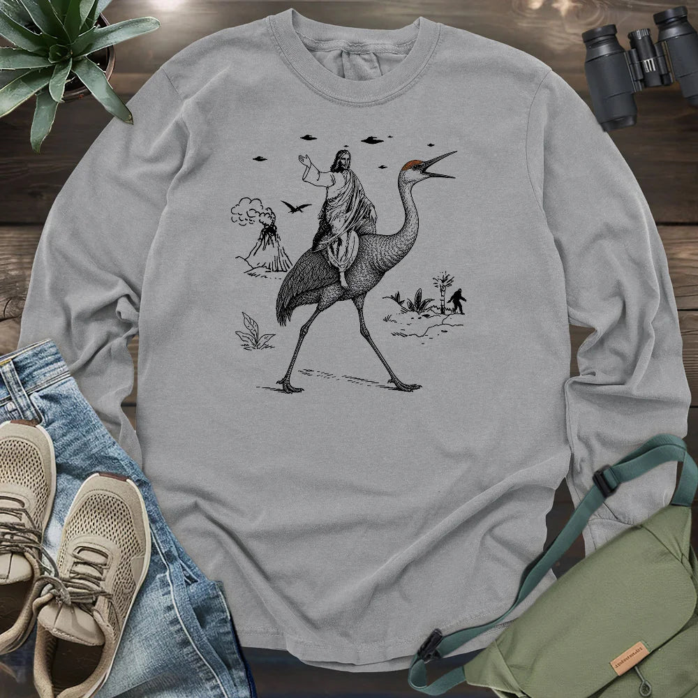 Jesus Riding Sandhill Crane Long Sleeve T-shirt