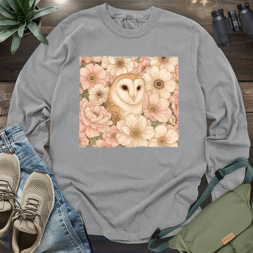 Owl In Flower Field Long Sleeve T-shirt