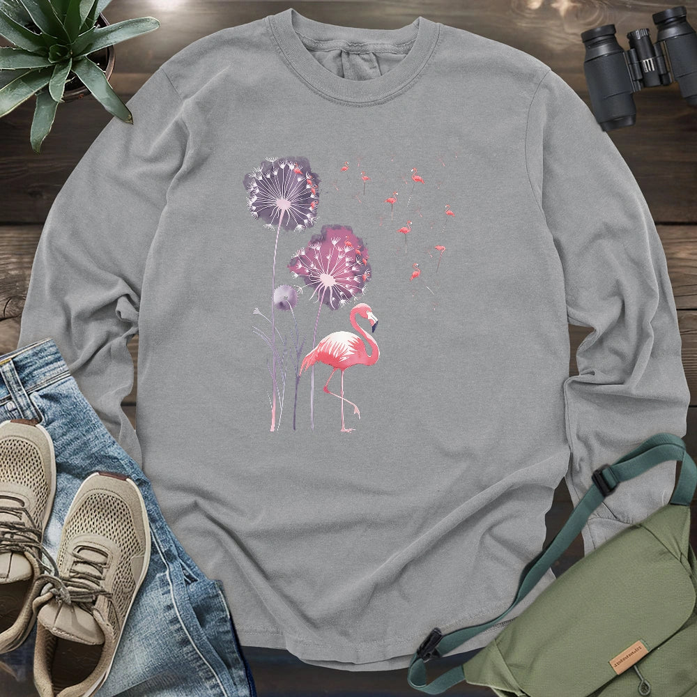 Pink Flamingo Dandelion Long Sleeve T-shirt