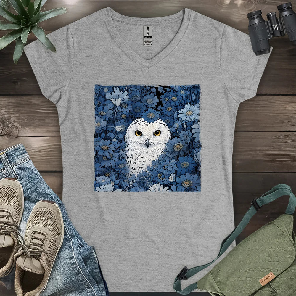 Snowy Owl In Flower Field Lady V-neck
