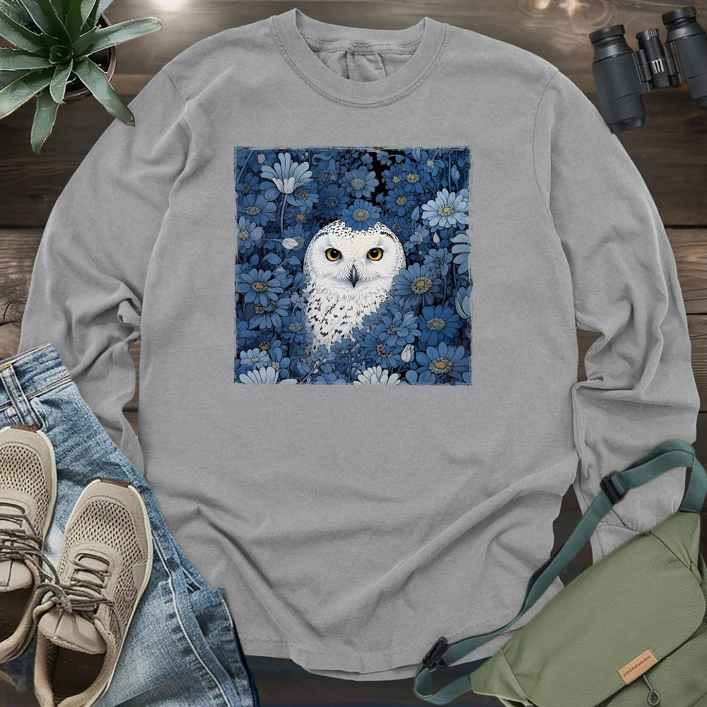 Snowy Owl In Flower Field Long Sleeve T-shirt