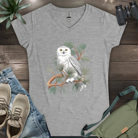 Snowy Owl On Coniferous Tree Lady V-neck