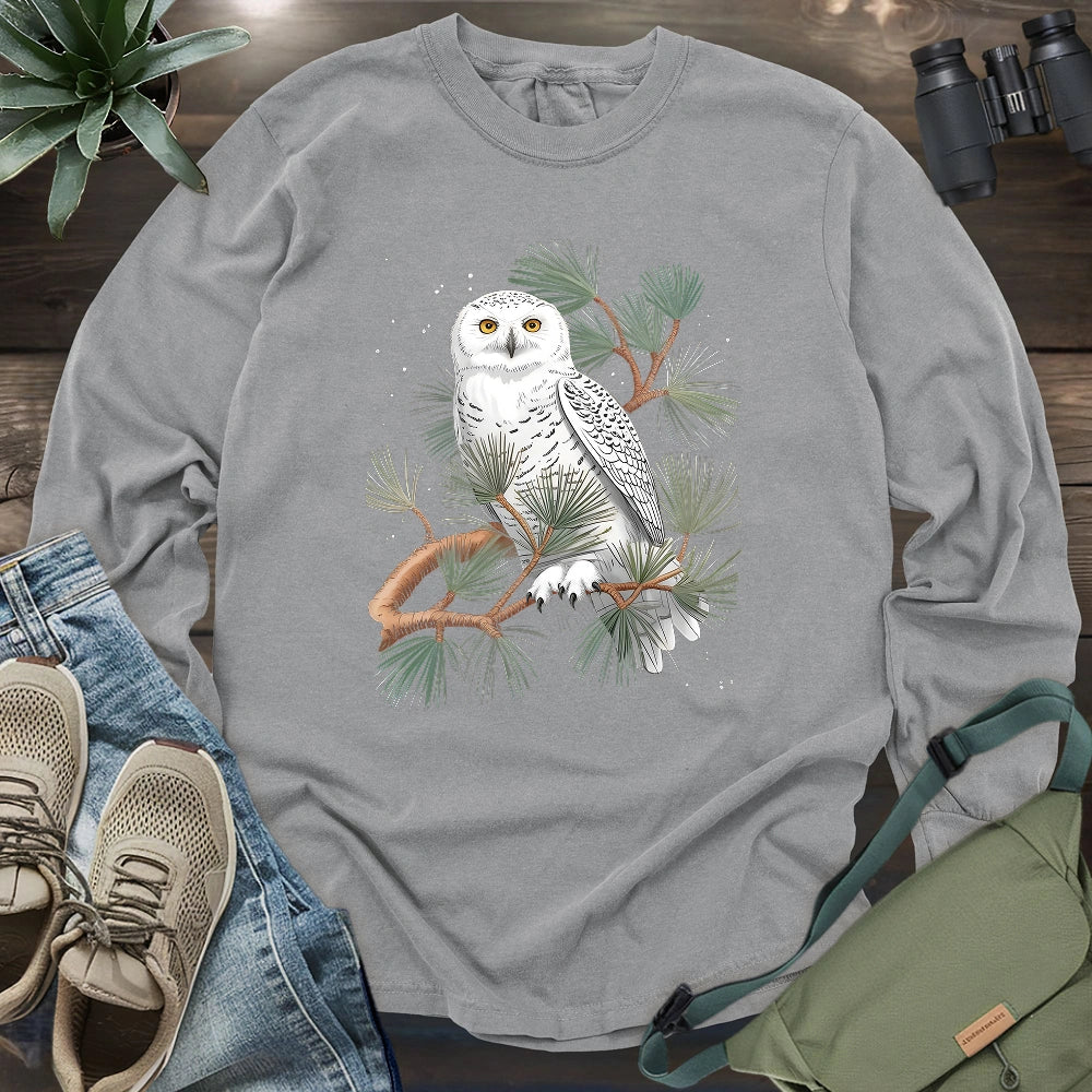 Snowy Owl On Coniferous Tree Long Sleeve T-shirt