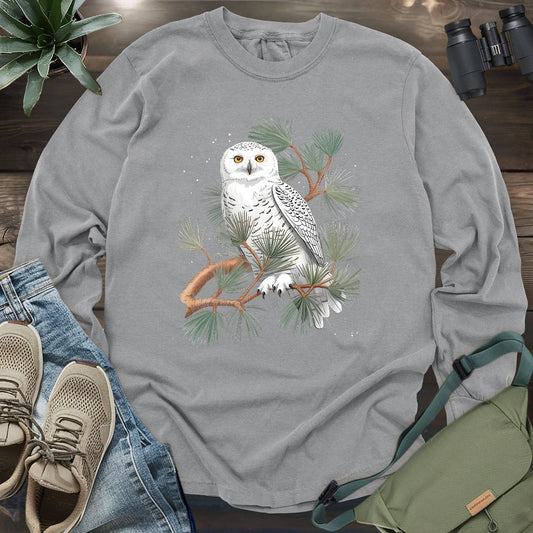Snowy Owl On Coniferous Tree Long Sleeve T-shirt