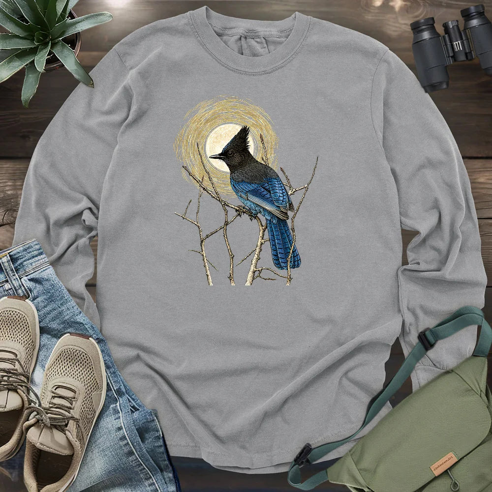 Steller's Jay Under Forest Moonlight Long Sleeve T-shirt