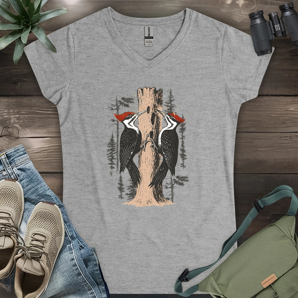 Twin Woodpeckers Drumming Lady V-neck