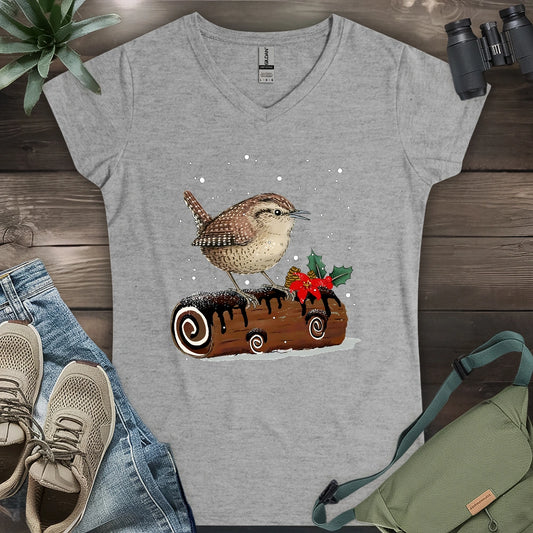 Winter Wren On Yule Log Lady V-neck
