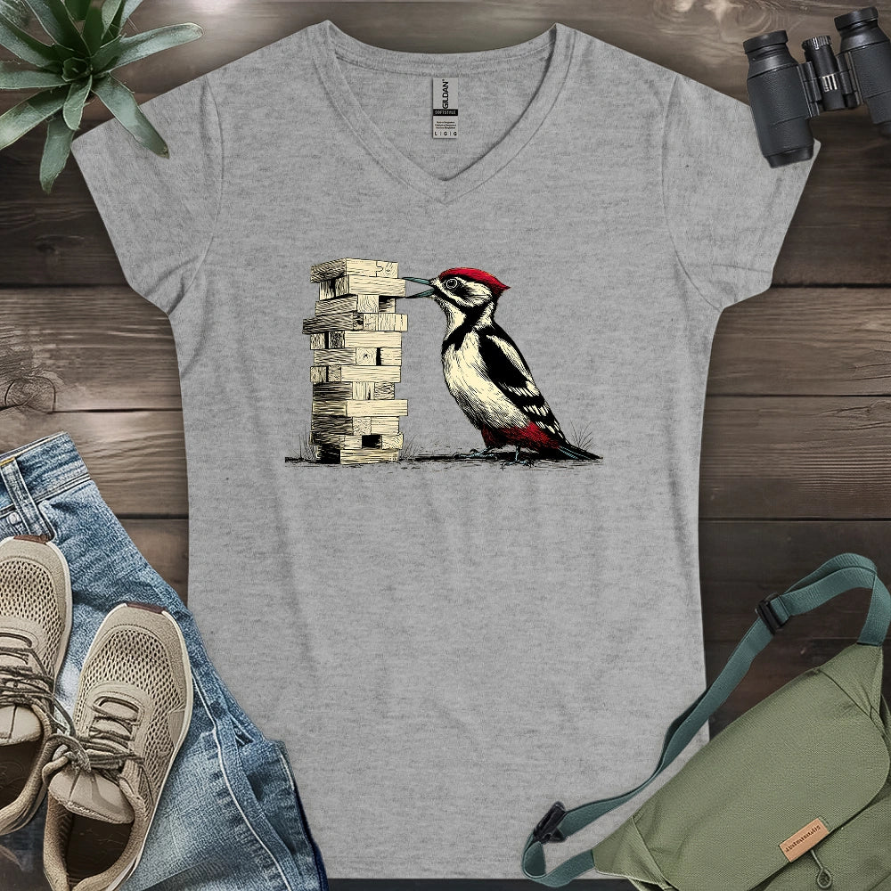 Woodpecker Playing Jenga Lady V-neck