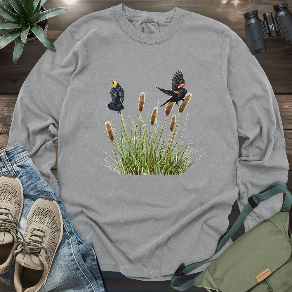 Blackbirds On Cattail Field Long Sleeve T-shirt