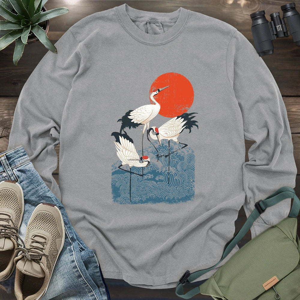 Crimson Sun Cranes Long Sleeve T-shirt