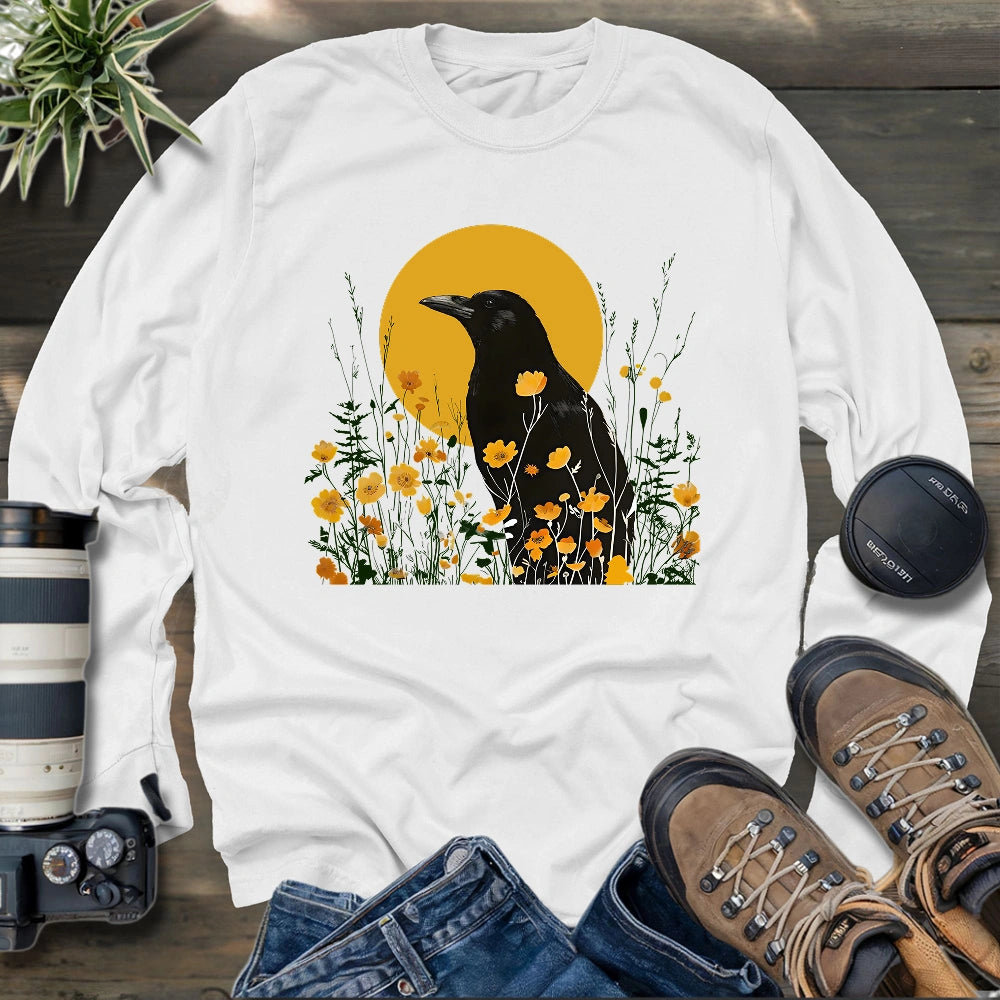 American Crow With Poppies Long Sleeve T-shirt