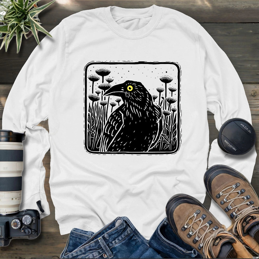 Floral Crow Silhouette Long Sleeve T-shirt