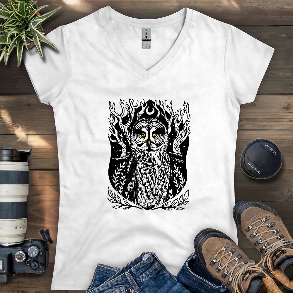 Great Grey Owl Linocut Lady V-neck