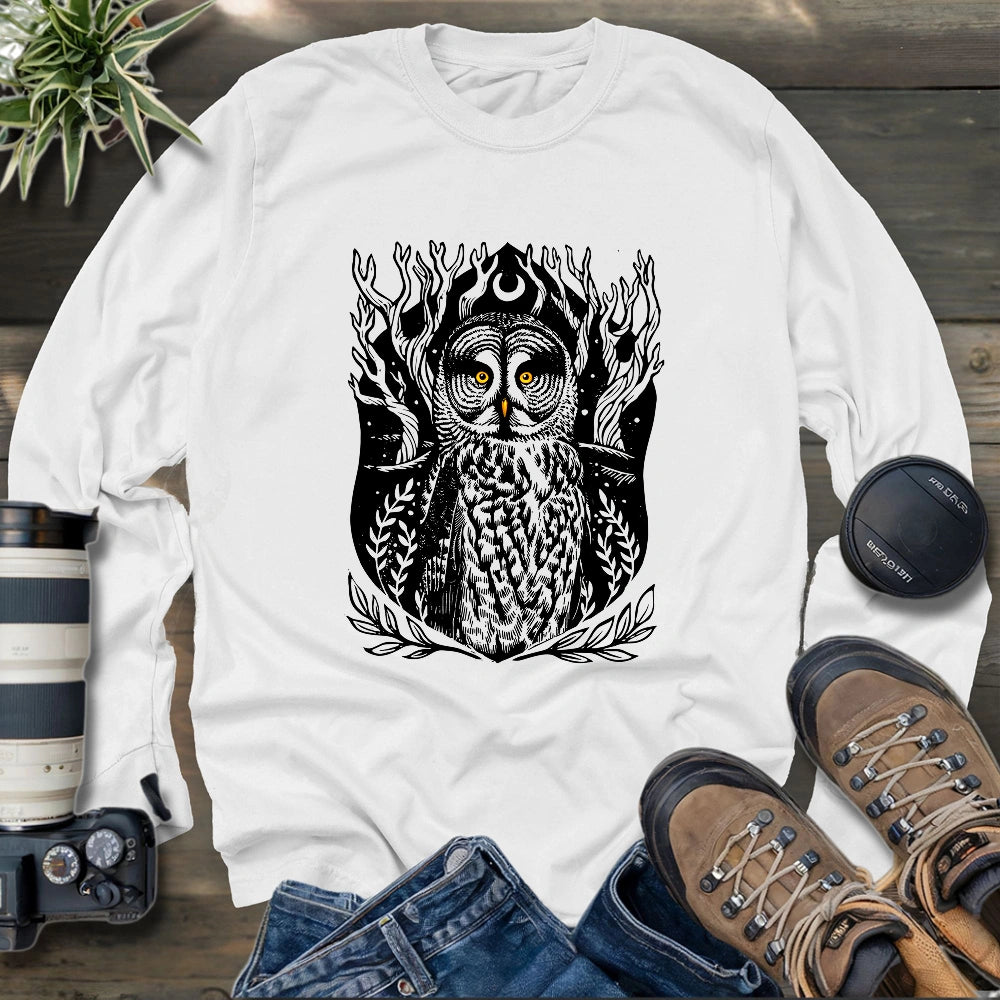 Great Grey Owl Linocut Long Sleeve T-shirt