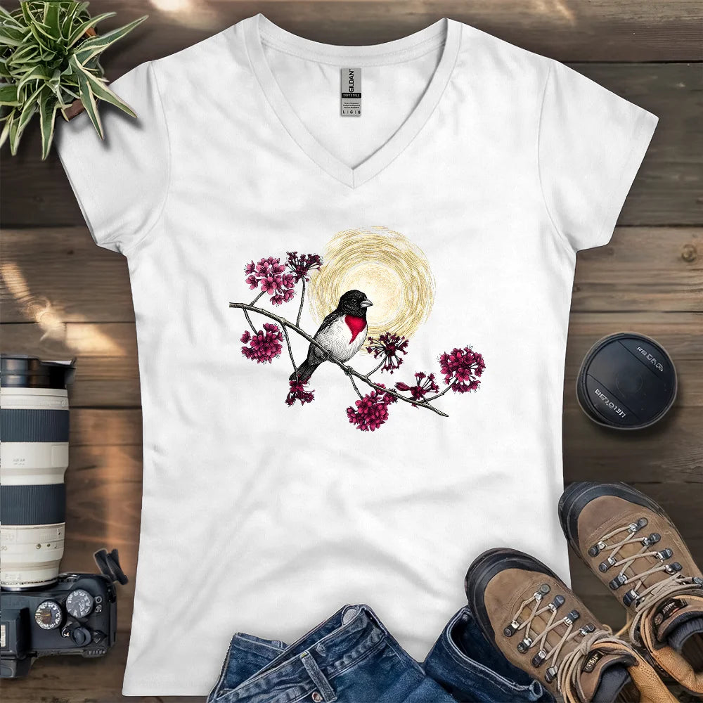 Grosbeak Under Forest's Moonlight Lady V-neck