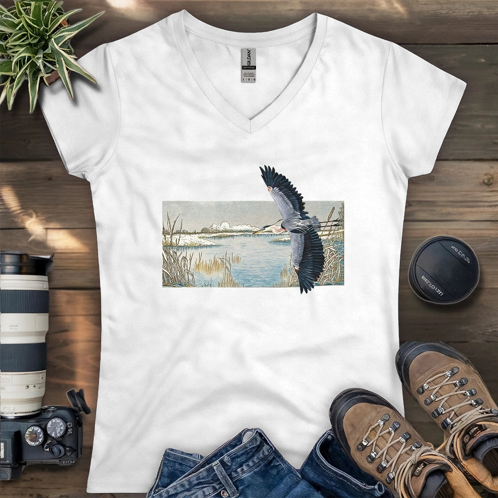 Heron Flying Over Marsh Lady V-neck