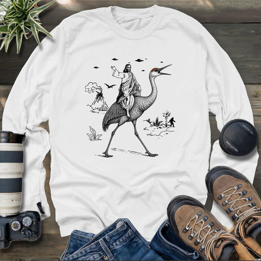 Jesus Riding Sandhill Crane Long Sleeve T-shirt