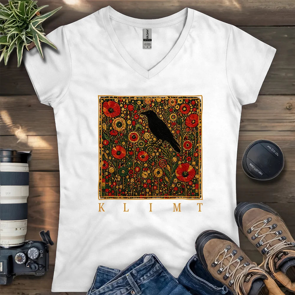 Klimt Raven In Flower Field Lady V-neck