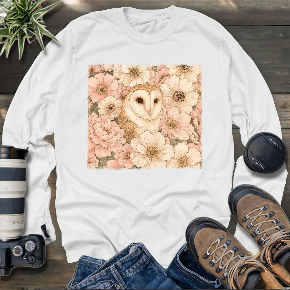 Owl In Flower Field Long Sleeve T-shirt