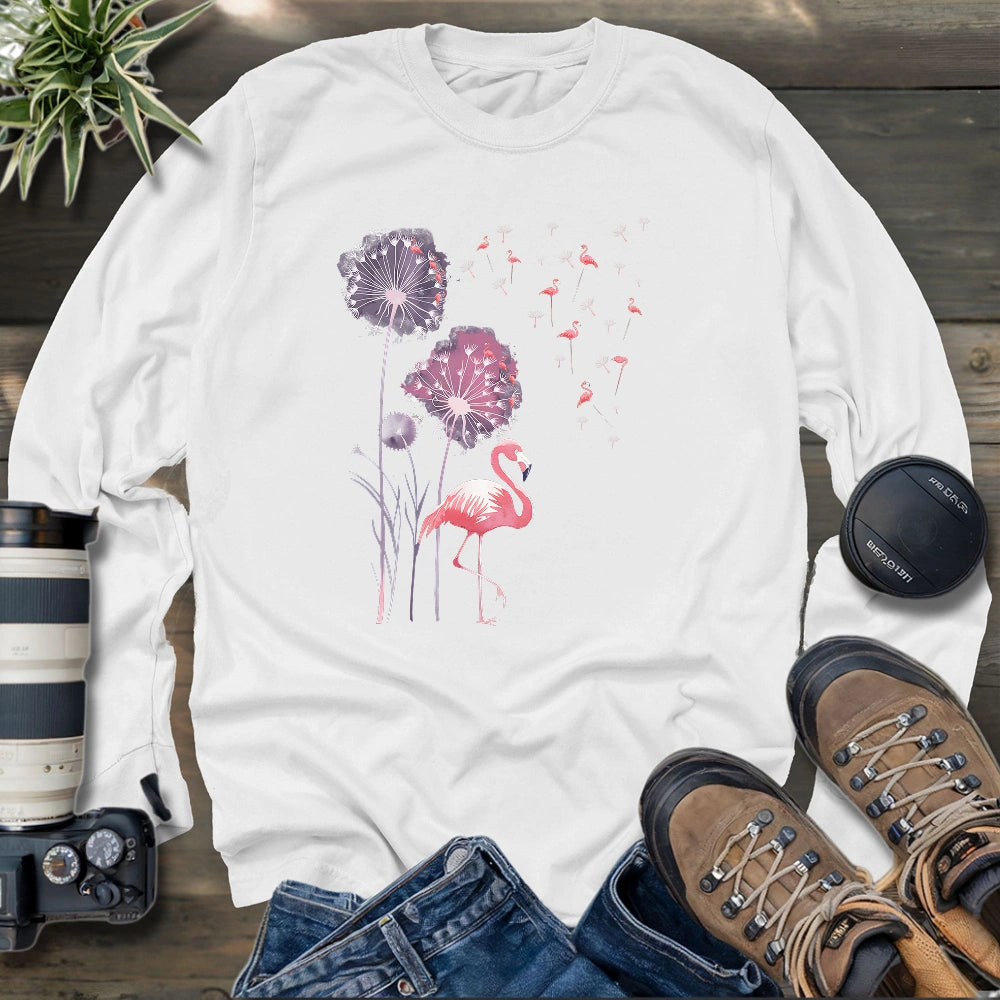Pink Flamingo Dandelion Long Sleeve T-shirt