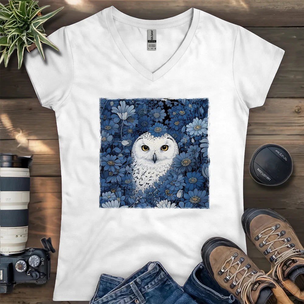 Snowy Owl In Flower Field Lady V-neck
