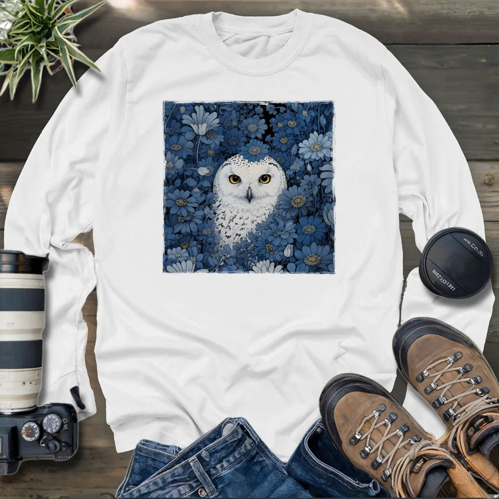 Snowy Owl In Flower Field Long Sleeve T-shirt