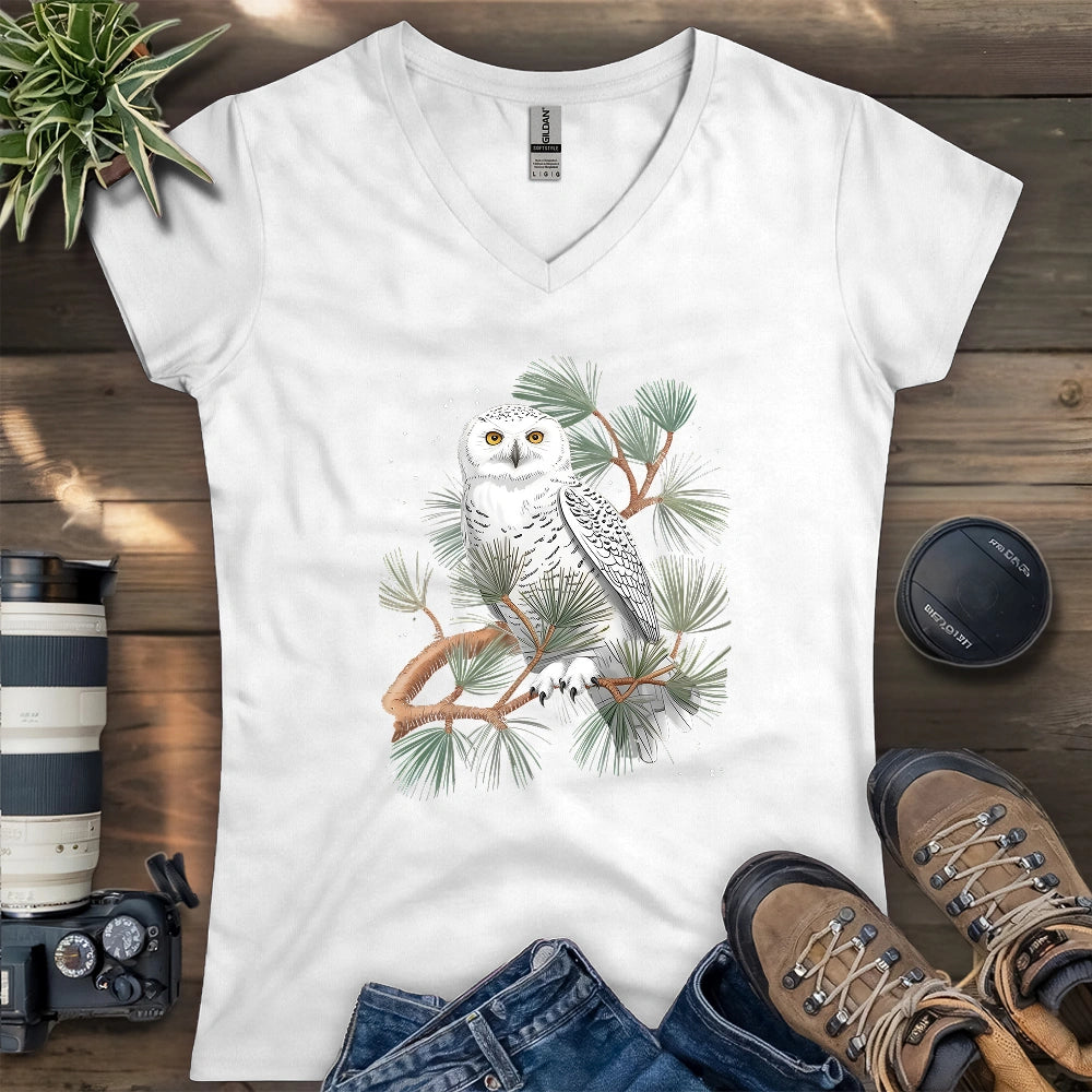 Snowy Owl On Coniferous Tree Lady V-neck