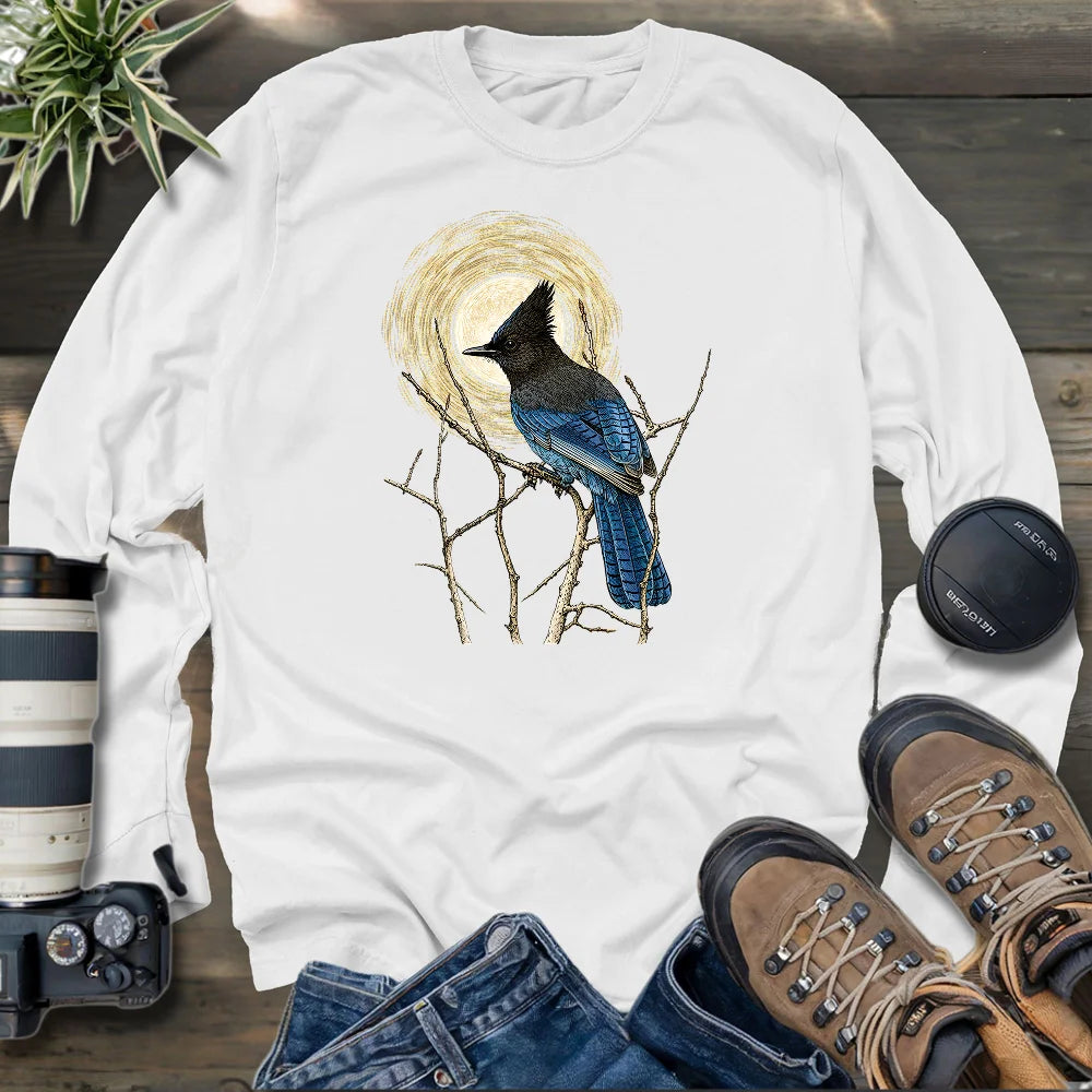 Steller's Jay Under Forest Moonlight Long Sleeve T-shirt