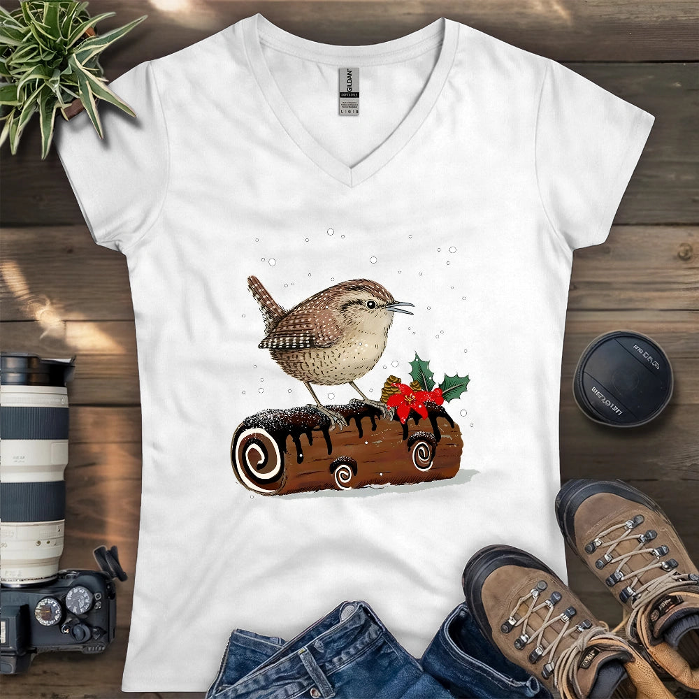 Winter Wren On Yule Log Lady V-neck