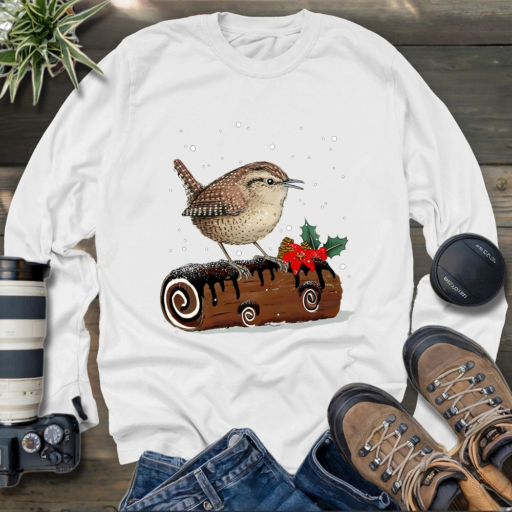 Winter Wren On Yule Log Long Sleeve T-shirt