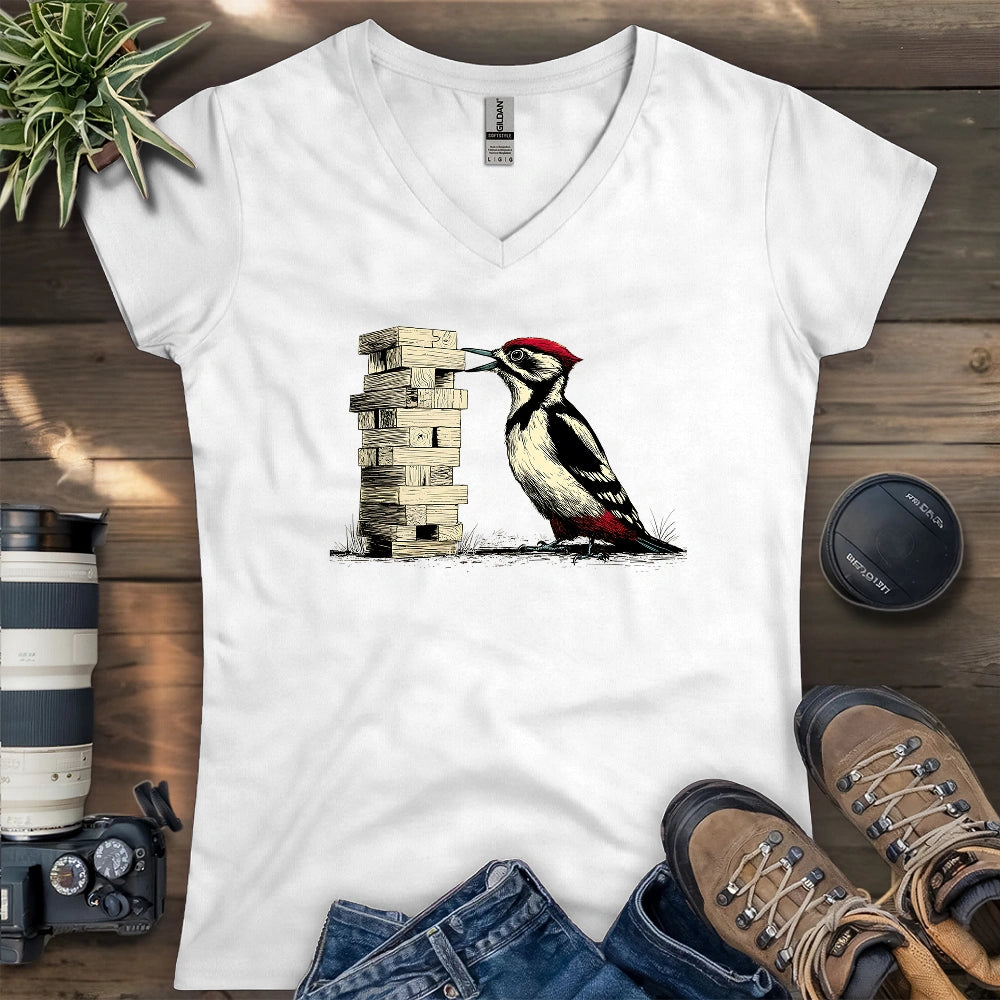 Woodpecker Playing Jenga Lady V-neck