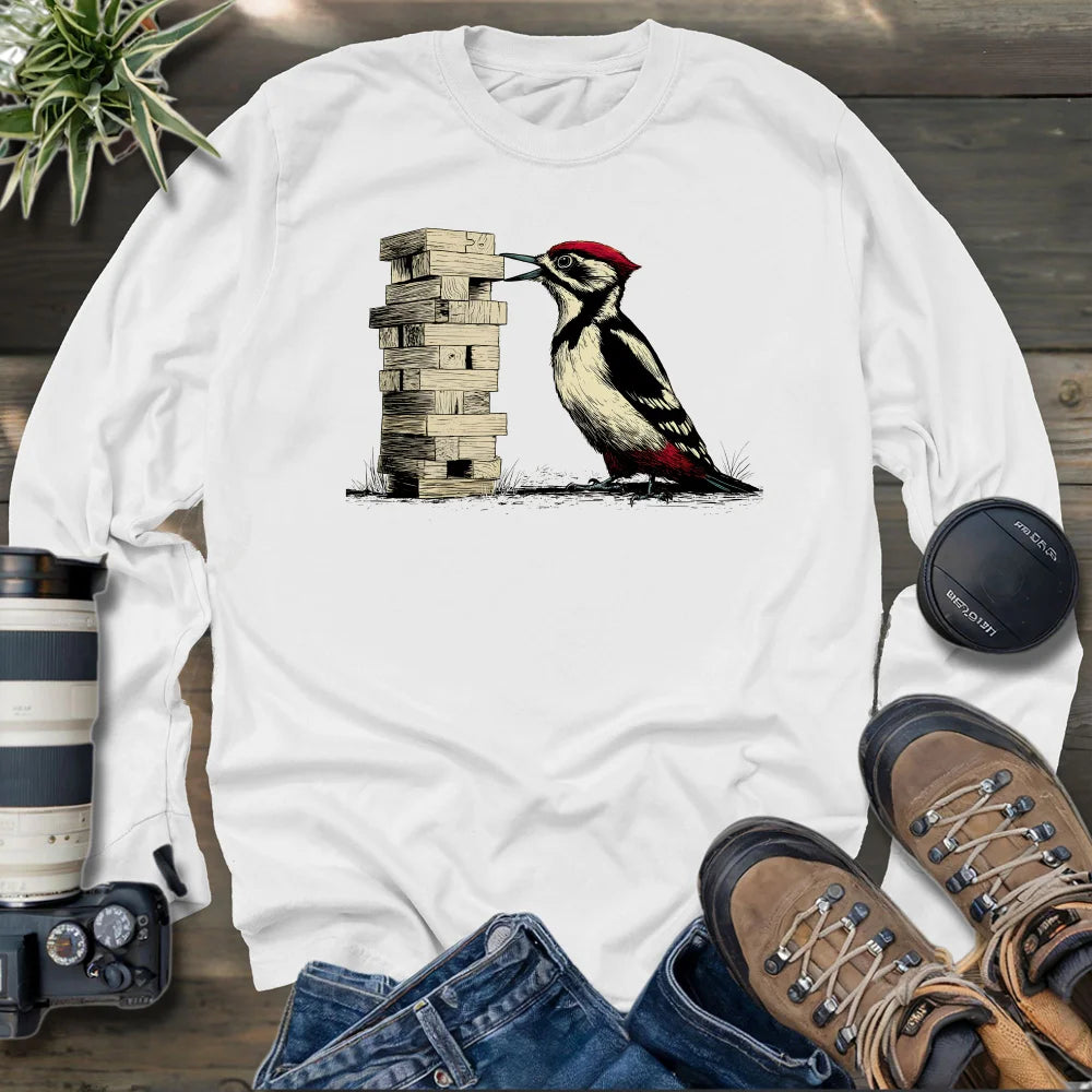 Woodpecker Playing Jenga Long Sleeve T-shirt