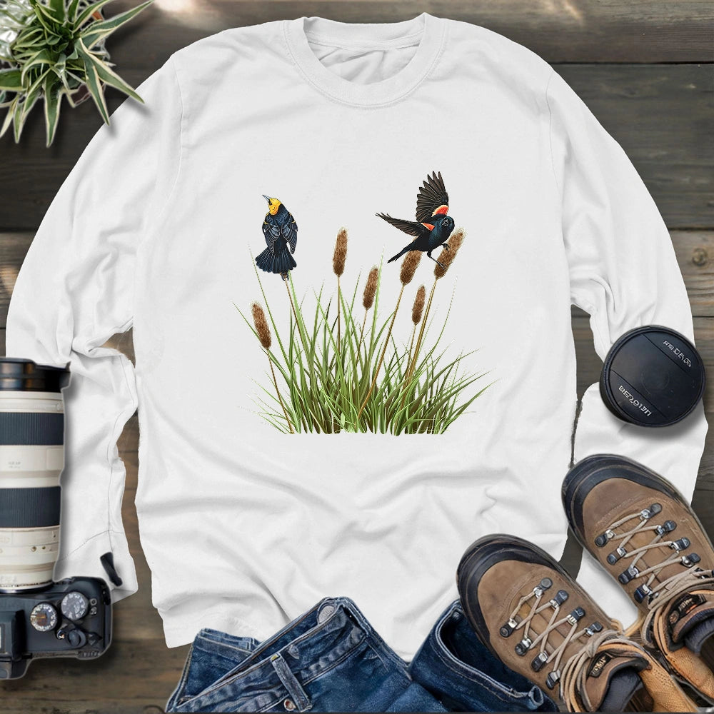 Blackbirds On Cattail Field Long Sleeve T-shirt
