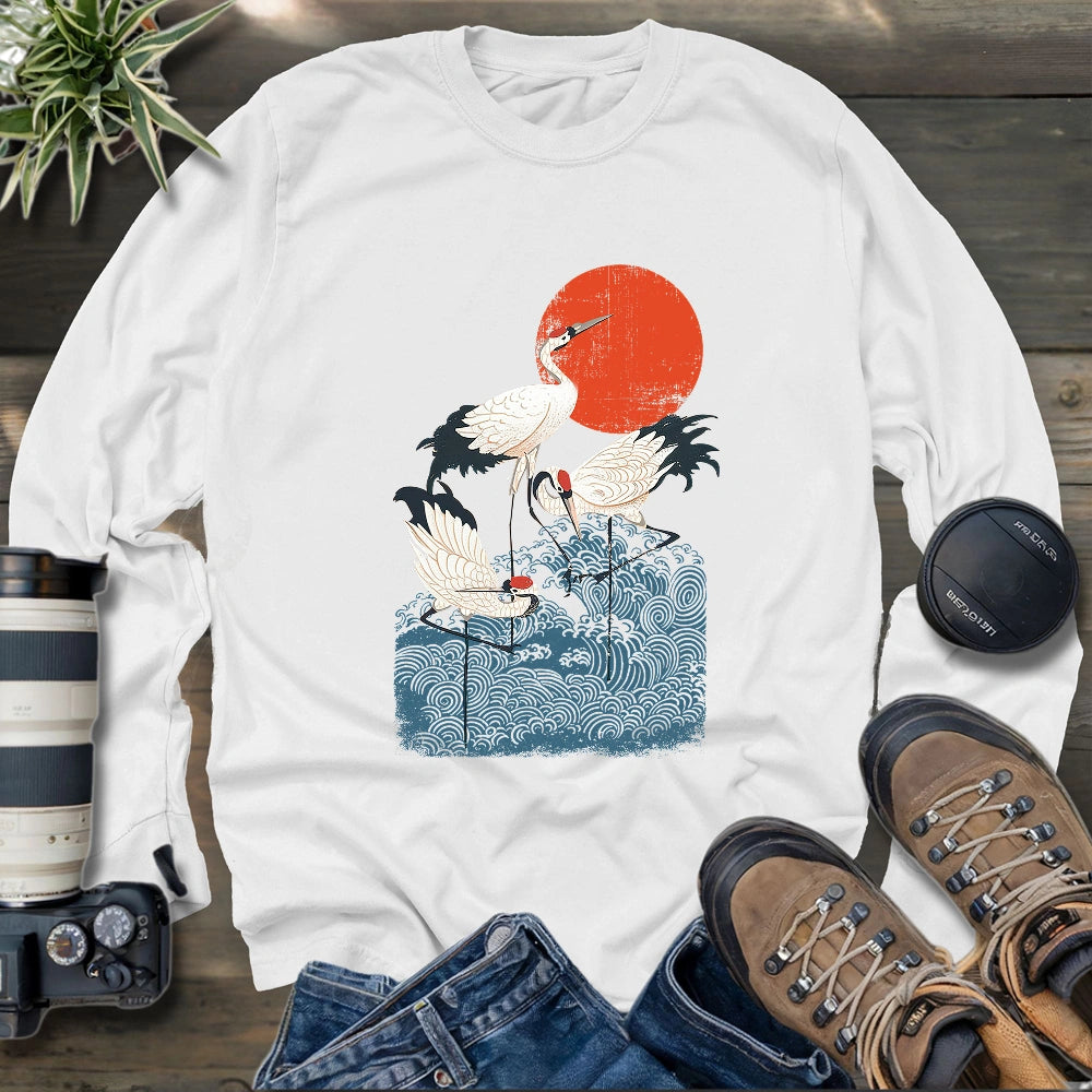 Crimson Sun Cranes Long Sleeve T-shirt