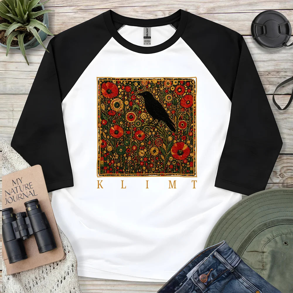 Klimt Raven In Flower Field 3/4 Sleeve T-shirt