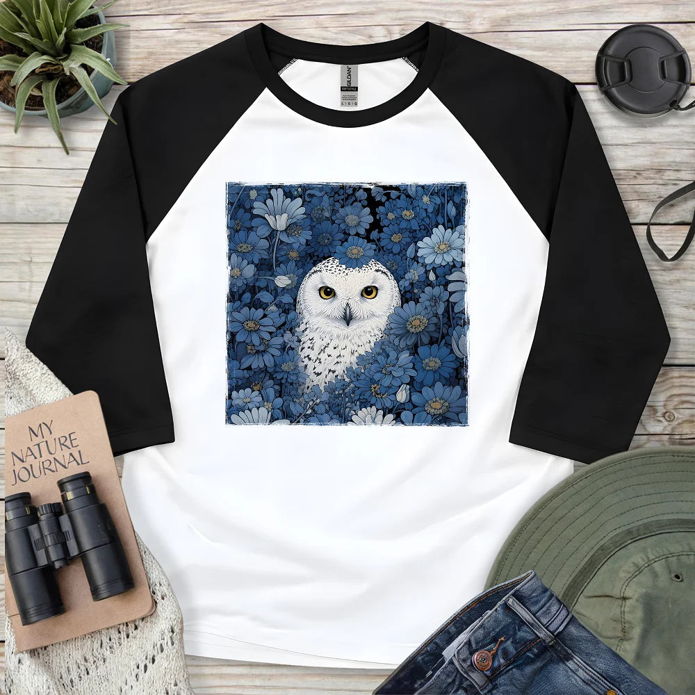 Snowy Owl In Flower Field 3/4 Sleeve T-shirt